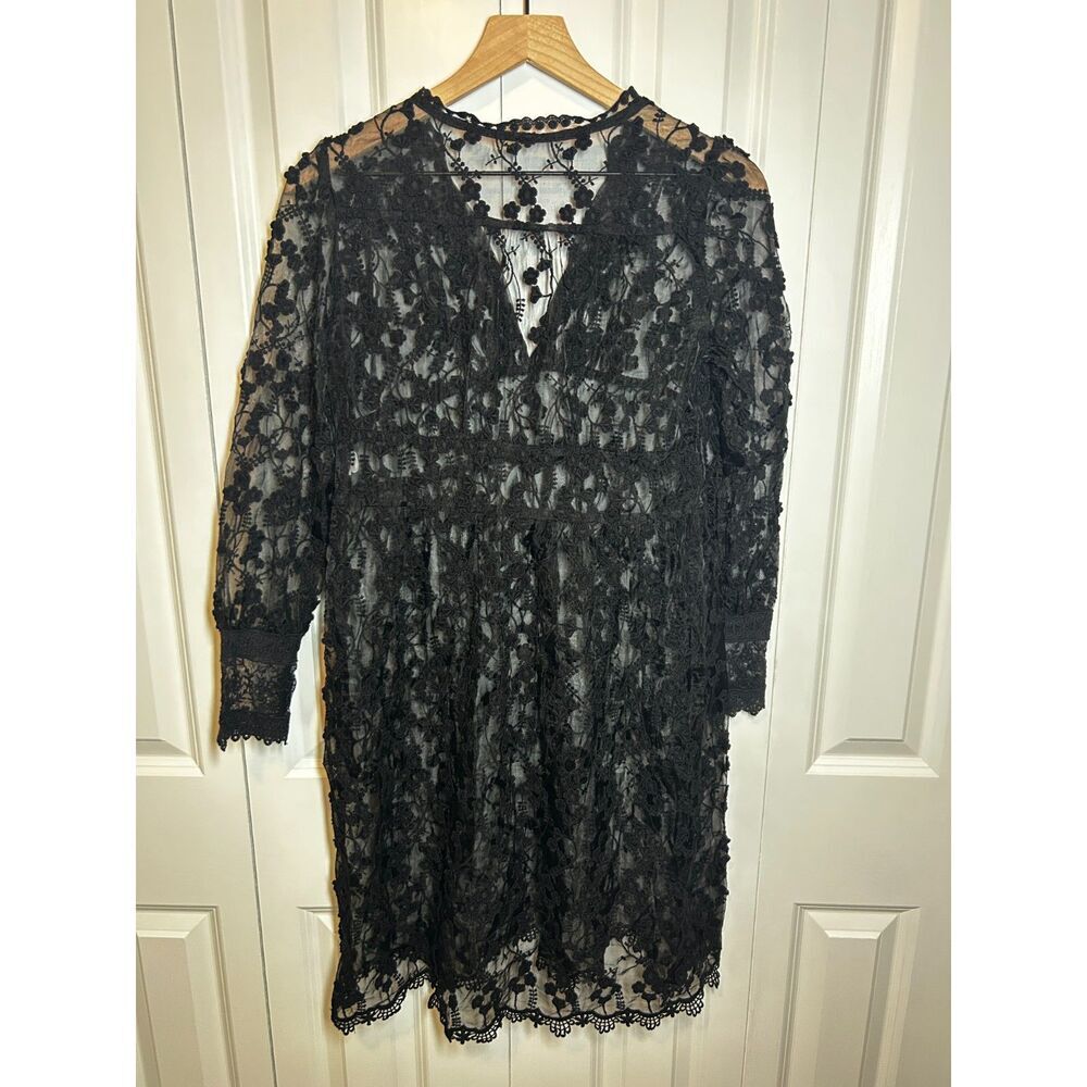 Vivi Company Black Sheer Floral Lace Overlay Mini Dress V-Neck Scalloped - Picture 3 of 7